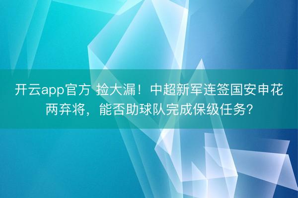 开云app官方 捡大漏!中超新军连签国安申花两弃将,能否助球队完成保级任务?